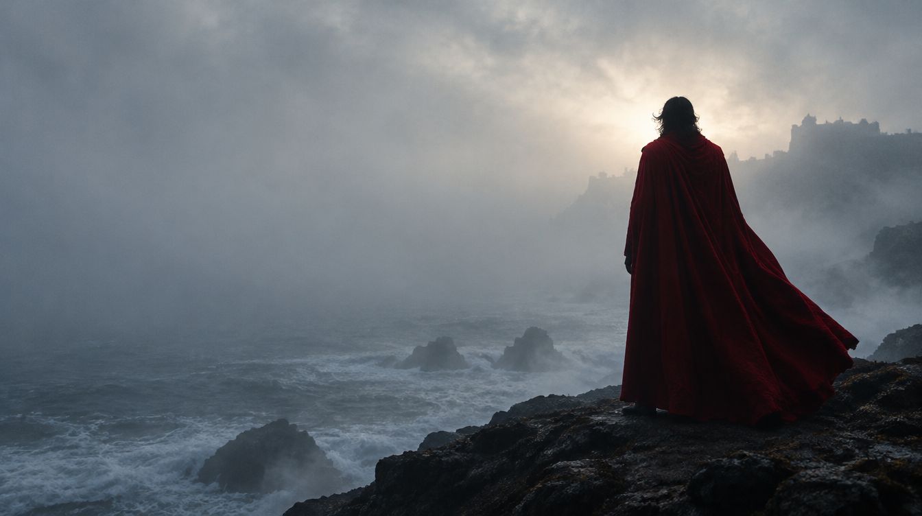 Figura de manto vermelho, de costas, sobre uma falésia em nevoeiro.